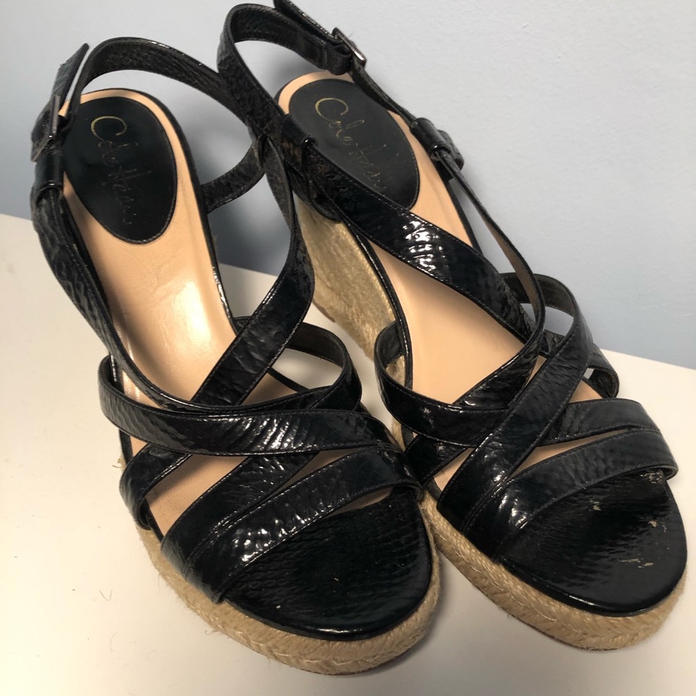 Cole Haan black patent wedge sandles Sz 10